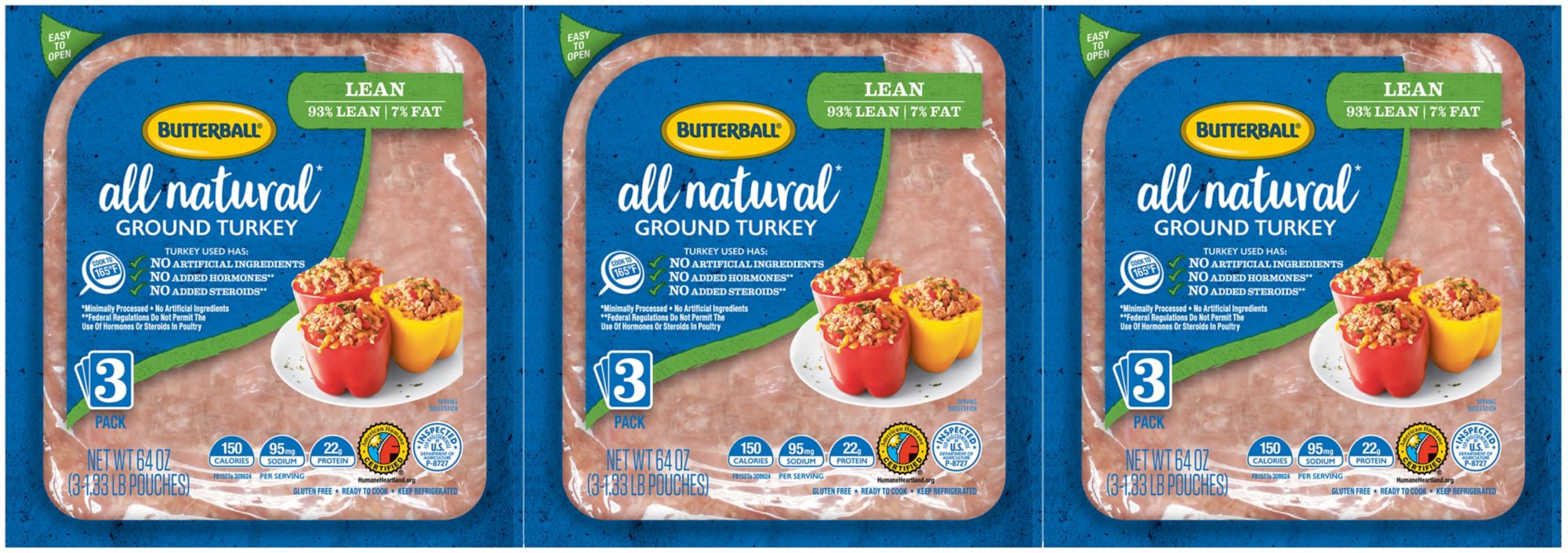 Butterball All Natural 93% Lean/7% Fat Lean Ground Turkey, 3 pk./1.33 lbs.