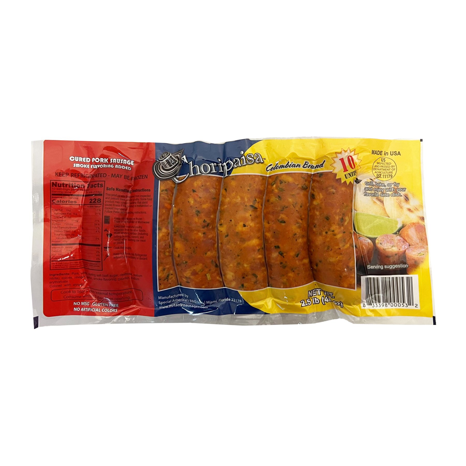 Choripaisa Colombian Style Pork Sausage Links, 2.5 lbs.