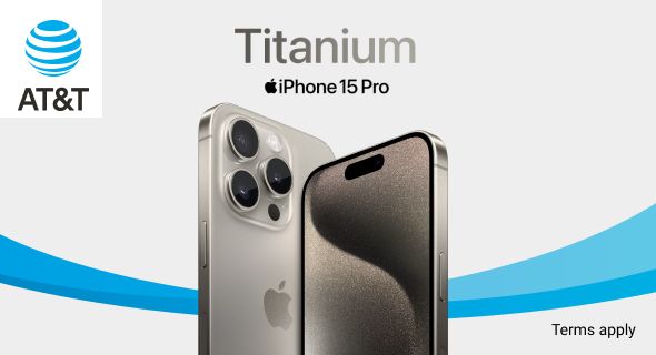 AT&T. Titanium iPhone 15. Terms Apply.