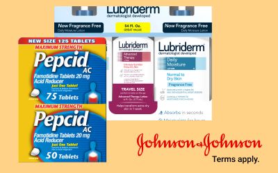 Pepcid Heartburn tablets and Lubriderm Lotion from J&J