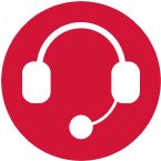 White headset icon over a red circle background