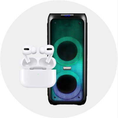 Apple Airpods in front of a speaker