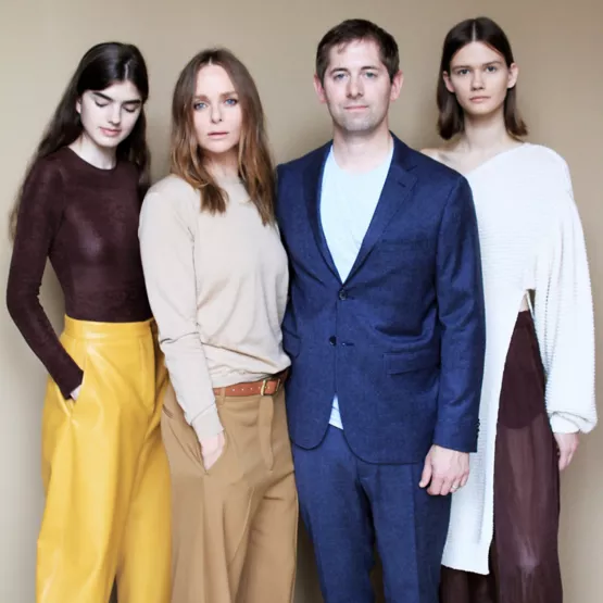Fashion designer Stella McCartney (second from left) partnered with Bolt Threads CEO Dan Widmaier (second from right) to create clothing made from Microsilk.