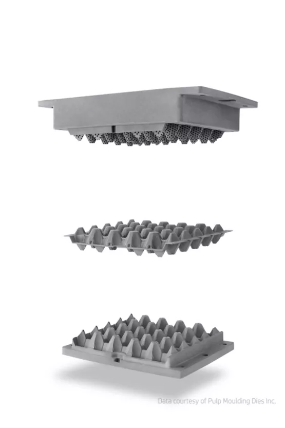 An example of egg tray molded fiber packaging solution printed with HP's Multi Jet Fusion technology and developed by PMD