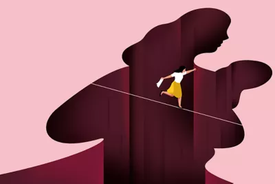 Pink female workforce illustration of a business woman walking a tight rope above a hole shaped like a woman with a baby to represent the struggles of women in the workforce. 