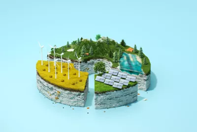 An ecosystem that includes windmills, forests, water, and solar panels to demonstrate the world's sustainability and eco-friendly efforts. 