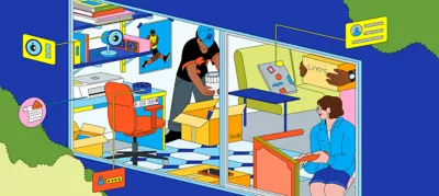 A colorful illustration of college students unpacking and setting up their dorm rooms.