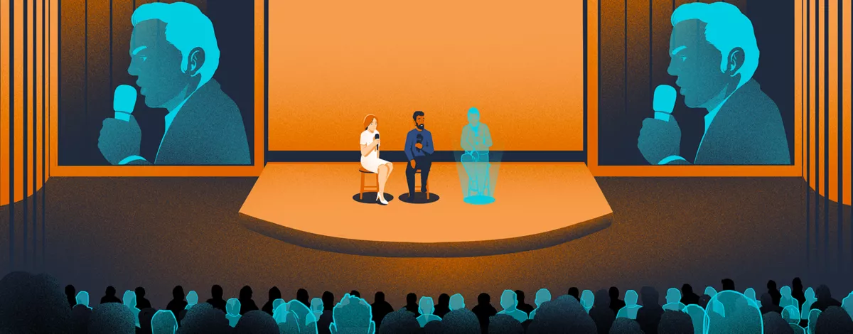 An illustration by Eric Chow of two speakers engaging with a hologram in front of an audience.