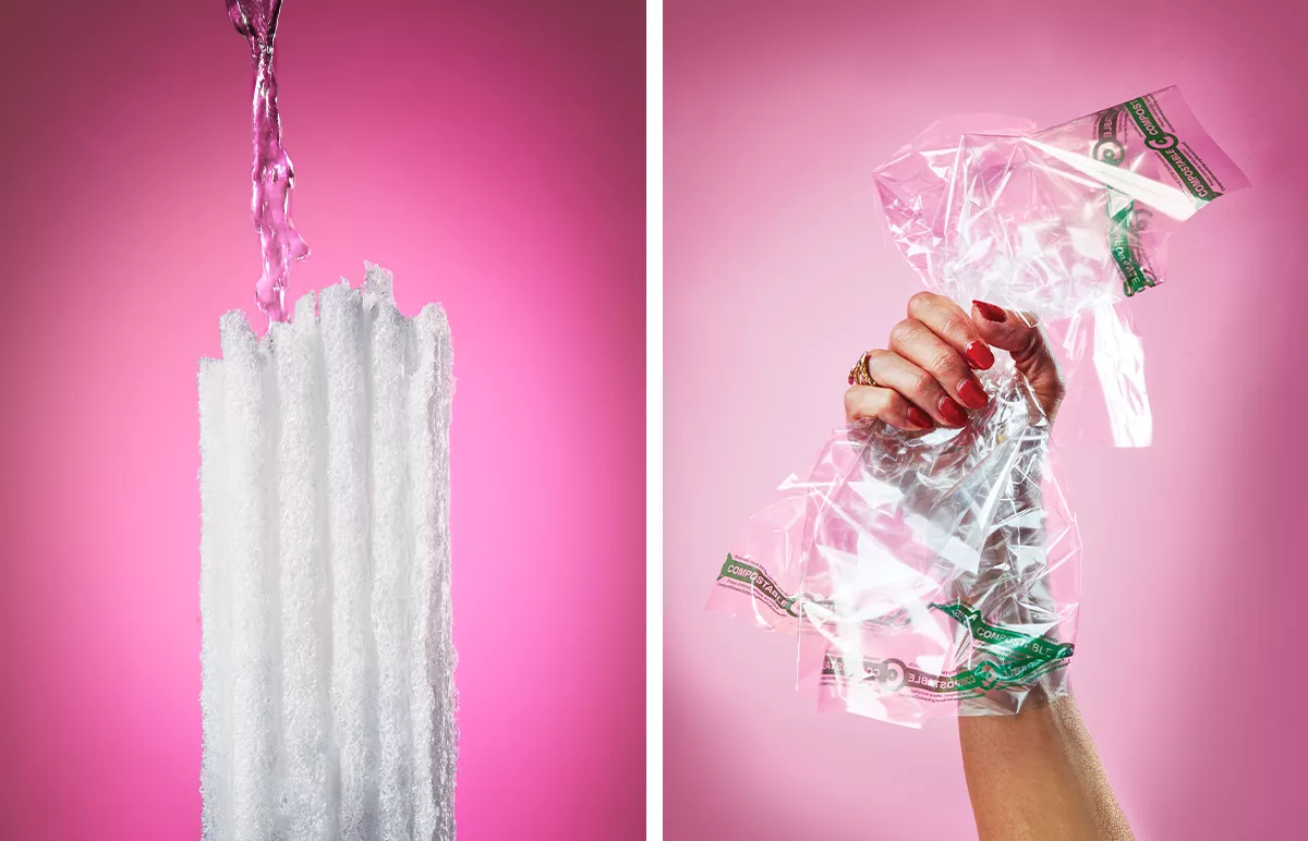 From left to right: A close-up of cornstarch used to create packing dissolving under running water; A hand full of compostable cellophane.
