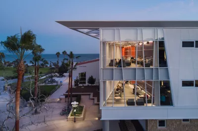 Santa Barbara City College's West Campus Center showing students learning during sunset in California. 