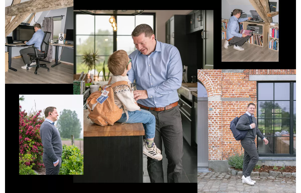Clockwise from bottom left: Van Beneden taking calls in his garden with Poly Voyager Free 60+ earbuds; his attic office outfitted with an HP Z43 4K display and Poly Studio P15 personal video bar; Van Beneden and his son, Henri; his record player and vinyl collection; off to visit various Benelux HQs. 