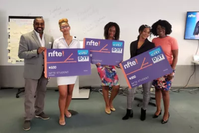 Ron Guerrier, HP's new CIO, with students winning awards for entrepreneurship. 