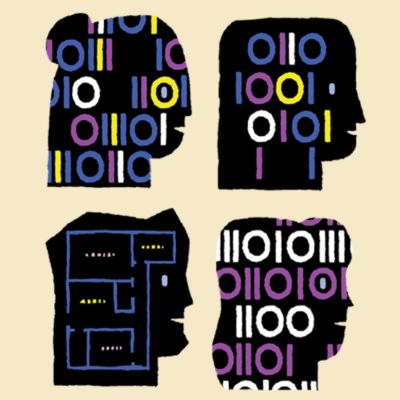 Illustrations of heads with coding inside to show diverse talent in cybersecurity. 