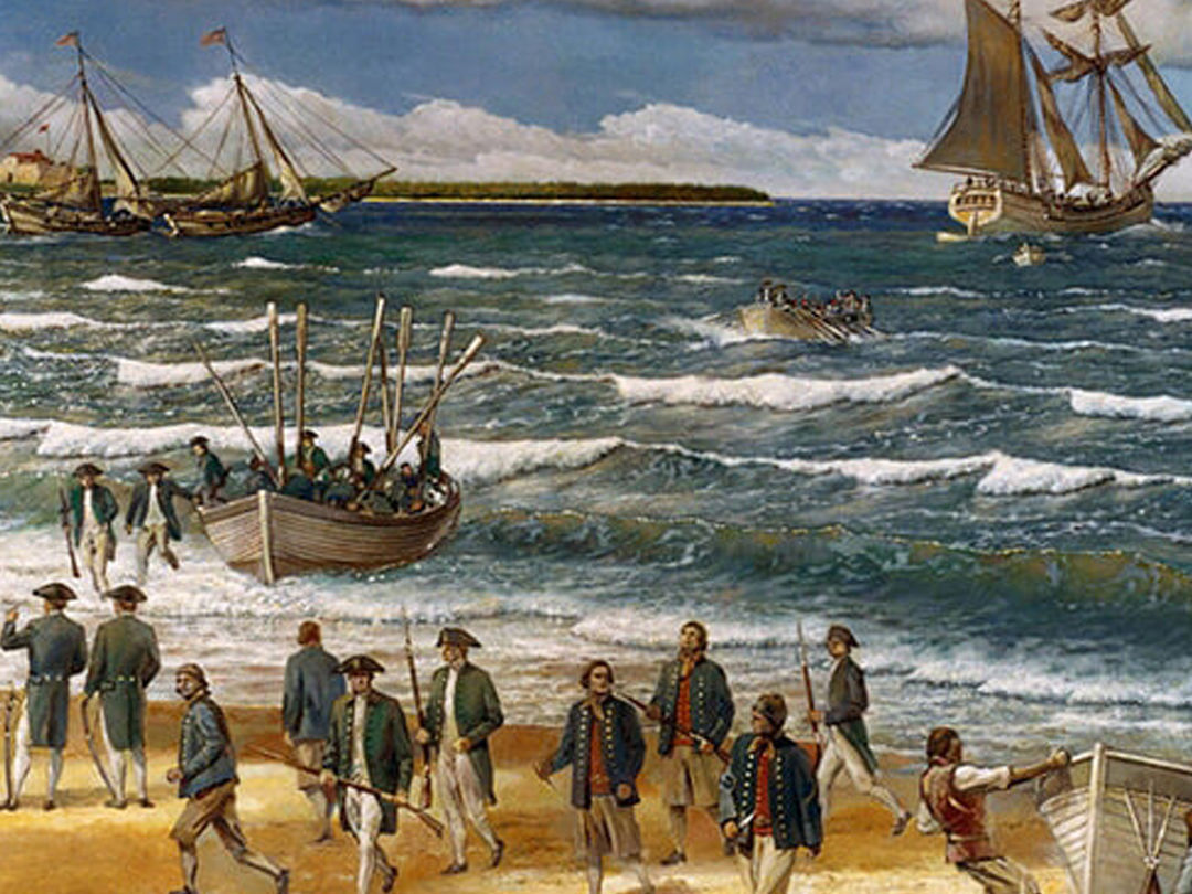 Historical painting of Continental Marines landing on shore with sailing ships during Revolutionary War.