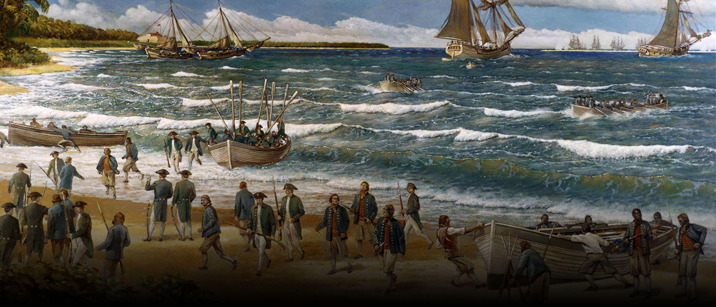 Historical painting depicting Continental Marines landing on beach at Nassau, Bahamas during first amphibious assault in 1776.