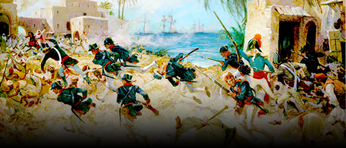 Historical painting by Charles Waterhouse showing Marines attacking fortress at Derna during First Barbary War in 1805.