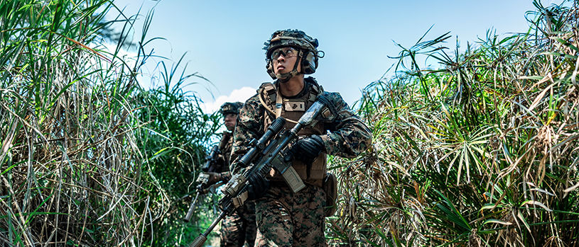Marines in tactical gear with rifles moving in patrol formation through dense vegetation.