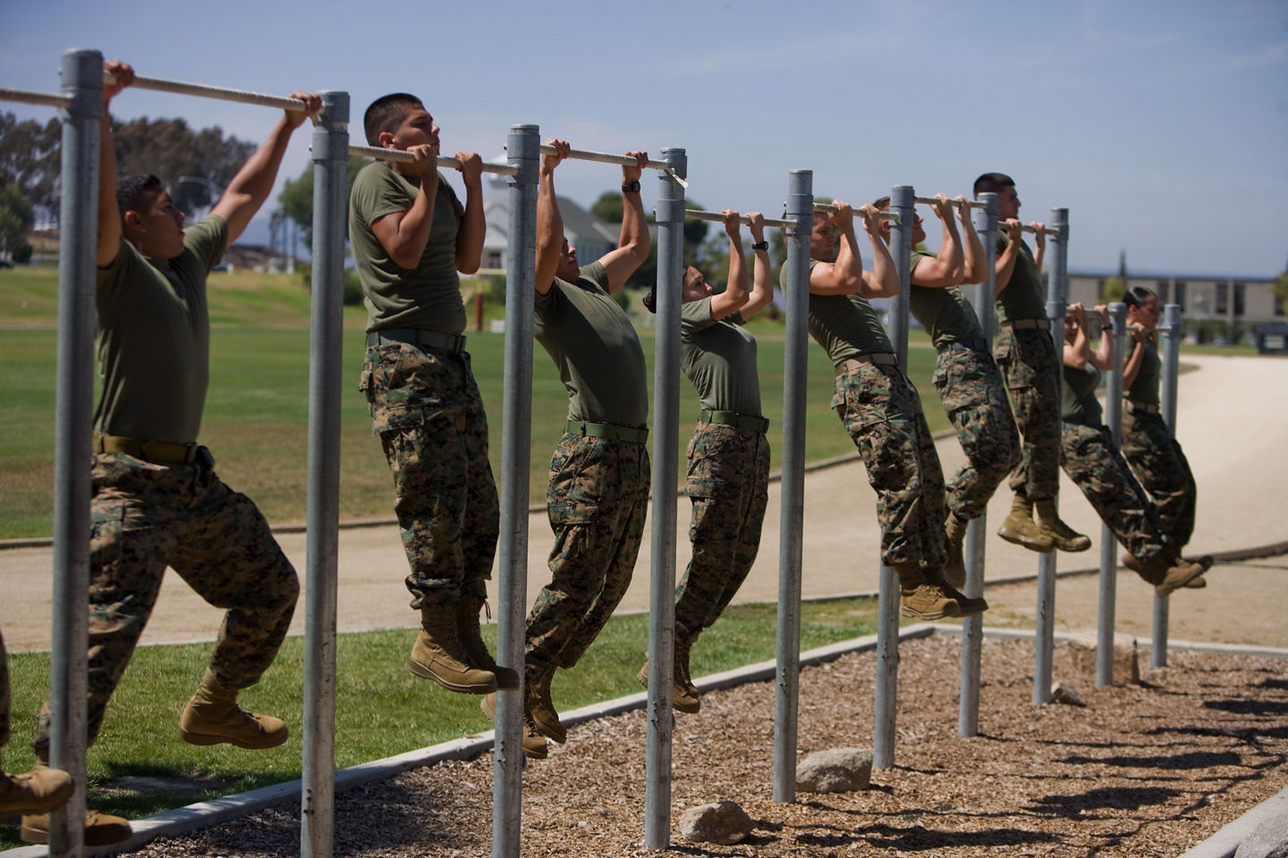 A group of Marines train their arms and shoulders by complete pull-ups on a group of pull-up bars. 
