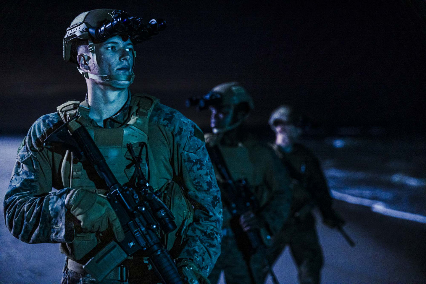 FY24 Made For This, MFT, Lejeune, 2024, Combined Arms, Urban Training, Night, Night Vision, Beach, Ocean, Patrol, Patrolling, Utilities, Utility, Digi Cam, Woodland, Woodland Cammies, Flak, Kevlar, M4, Rifle, Male, White, African American, Diversity