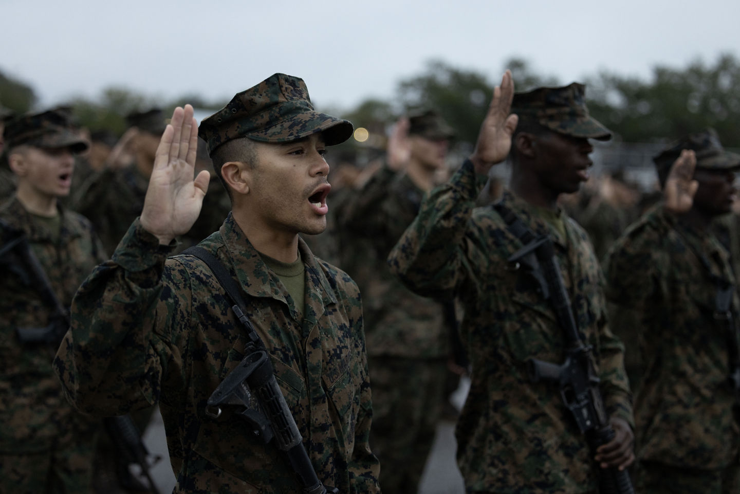 Newly made Marines in utilities and patrol caps raise their right hands and recite the Oath of Enlistment in formation after earning their Eagle, Globe, and Anchor.
