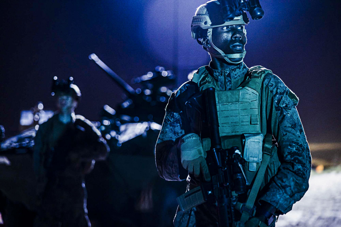 FY24 Made For This, MFT, Lejeune, 2024, Combined Arms, Urban Training, Night, Night Vision, Patrol, Patrolling, Beach, Ocean, Utilities, Utility, Digi Cam, Woodland, Woodland Cammies, Flak, Kevlar, M4, Rifle, Male, African American, White, Diversity