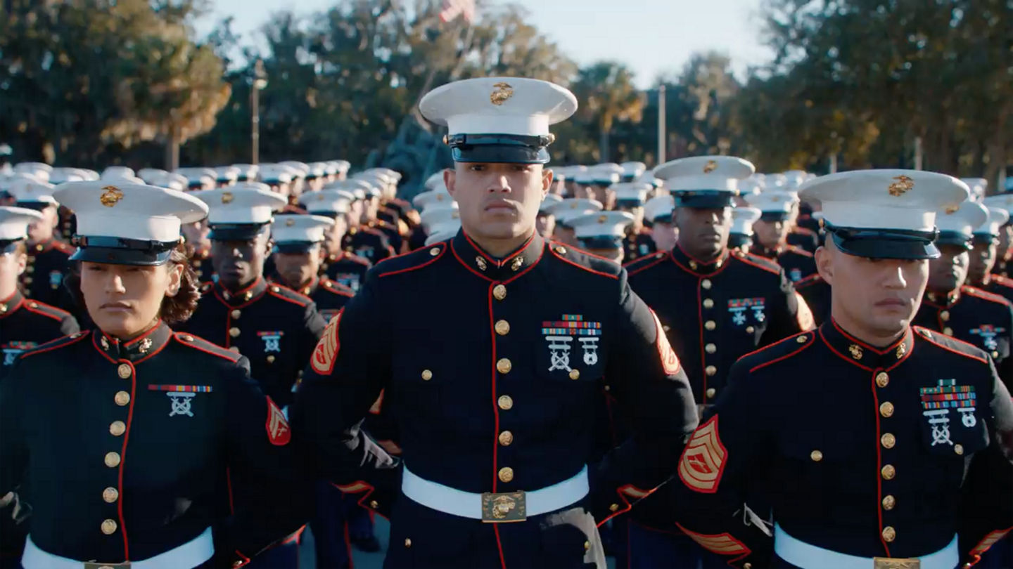 Video thumbnail showing Marines wearing dress blues in formation. 