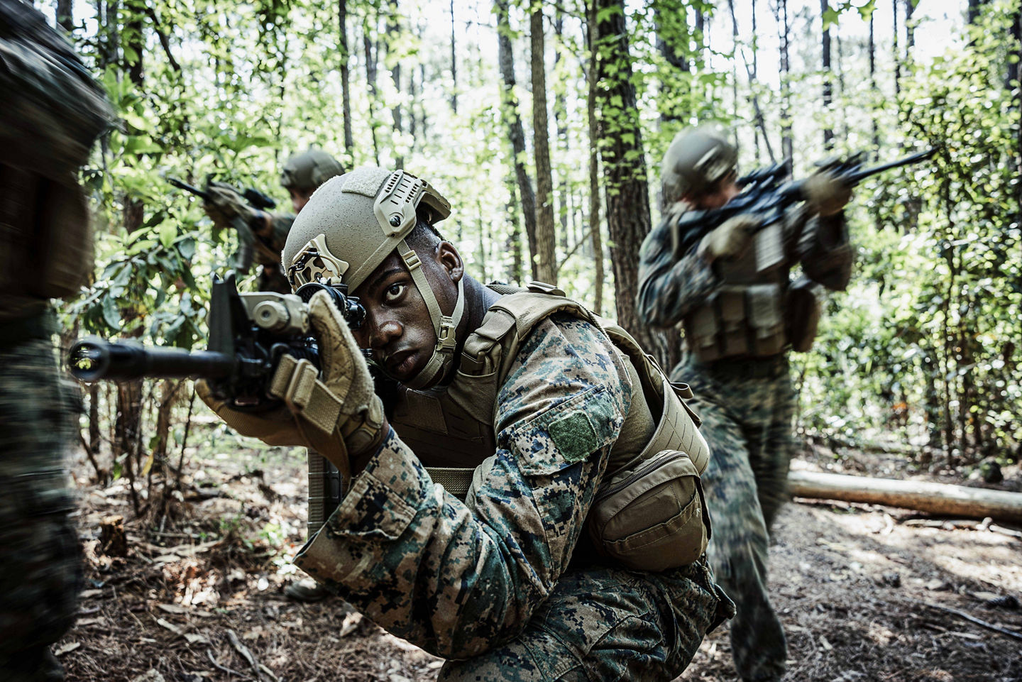 FY24 Made For This, MFT, Lejeune, 2024, Jungle, Woods, portrait, Movement, Ground Movement, Utilities, Utility, Digi Cam, Woodland, Woodland Cammies, Flak, Kevlar, M4, Rifle, Male, Female, Latino, White, African American, African American Male, Diversity