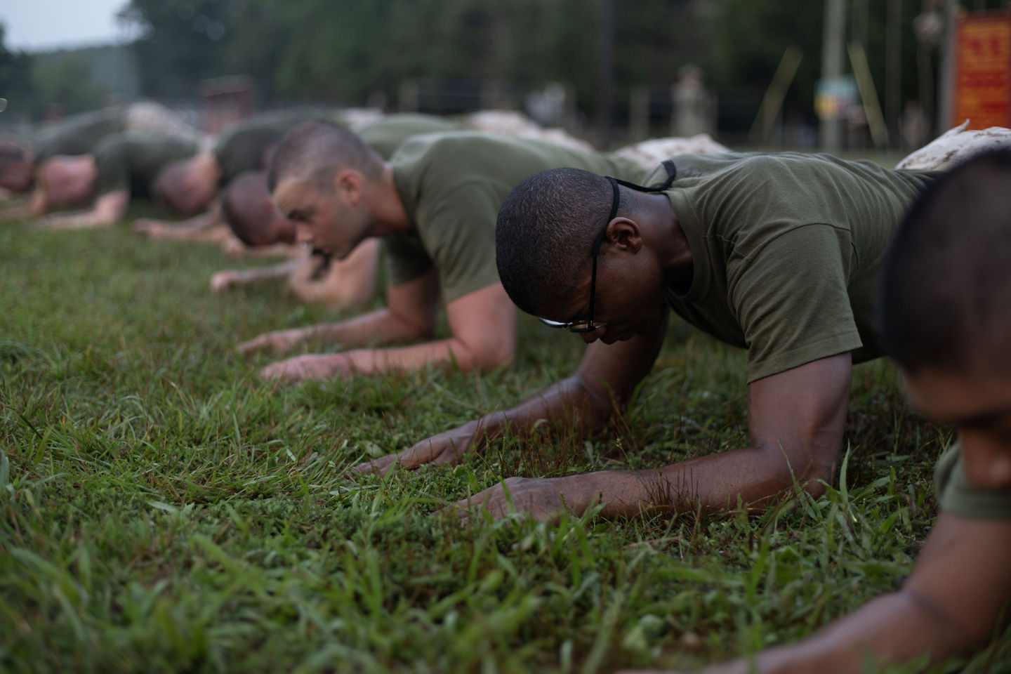 A group of Marine recruits are lined up and doing plank pose on a field of grass. 
