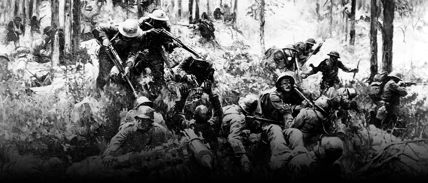 Historical artwork depicting Marines fighting in Belleau Wood during World War I in 1918 through dense forest terrain.