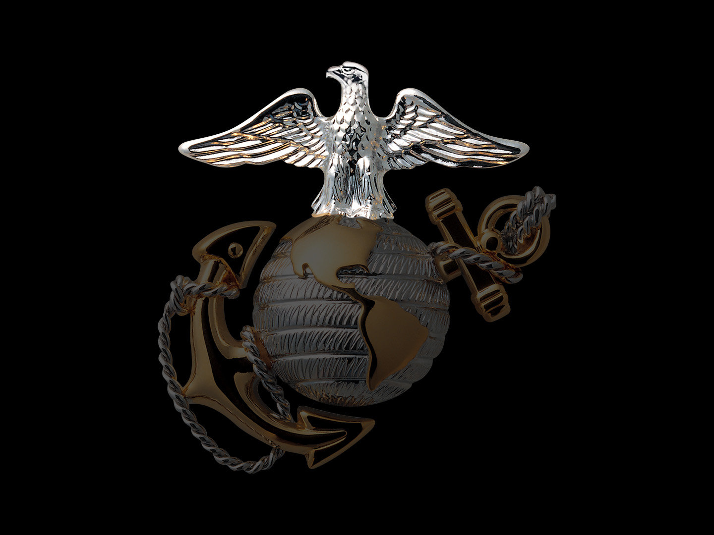 Marine Corps Eagle Globe and Anchor emblem with illuminated silver eagle against dark background.