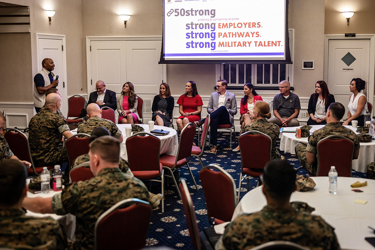 Marines and Marine Corps veterans meet in a ballroom for a Marine for Life networking event. 