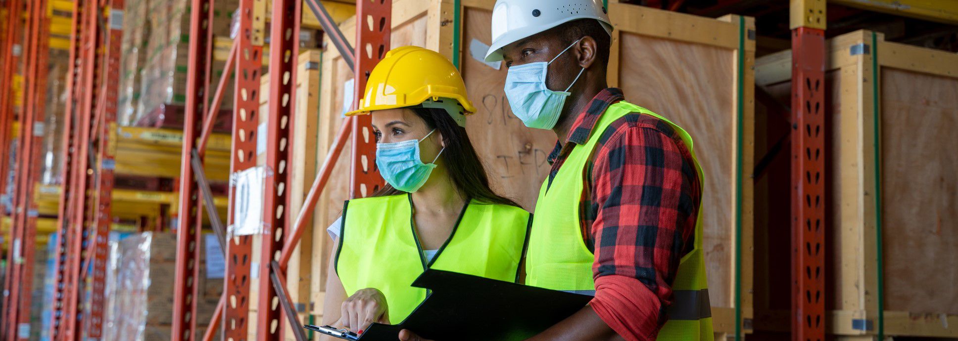 Construction workers in masks