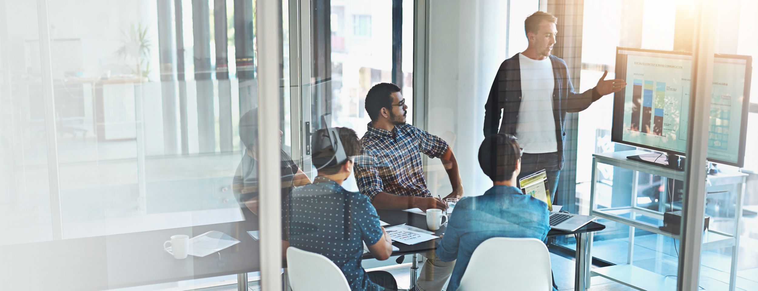 People, meeting and screen in office for business, B2B presentation or company collaboration in banner. Man speaker, tech or investors in agency for brainstorming, growth strategy or graph on display.