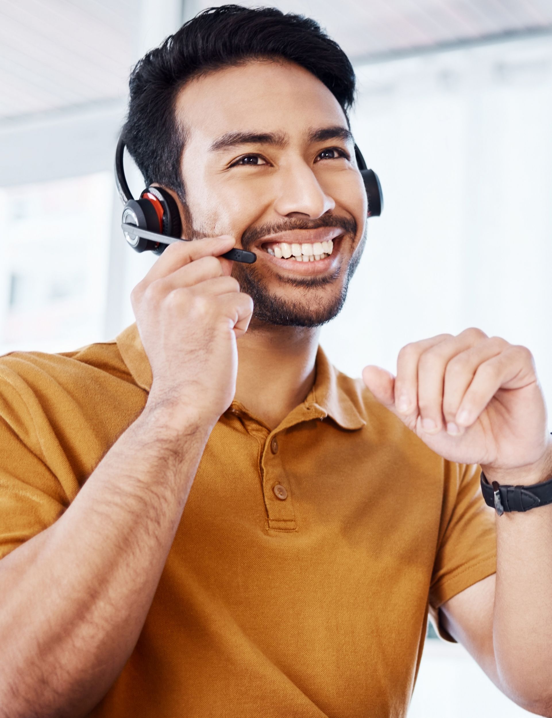 Customer service headset, laptop or happy man talking on contact us CRM, telemarketing or online call center. Communication, technology or Asian consultant in telecom consulting for technical support.