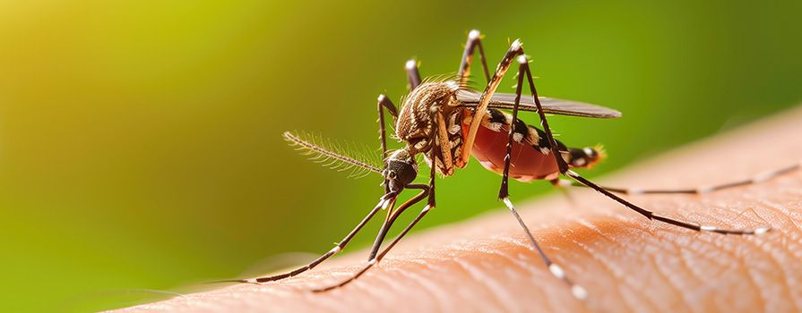 A close-up of a mosquito on skin.