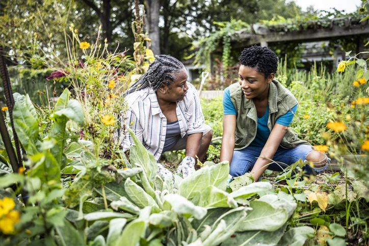 Mother and adult daughter working in community garden