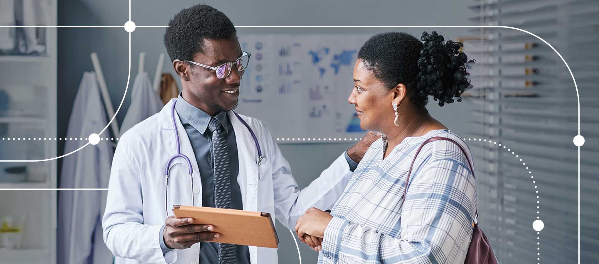Male physician and female engaged in discussion