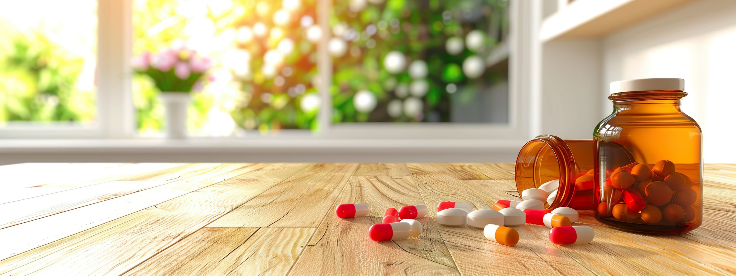 A photo of colorful pills on a table