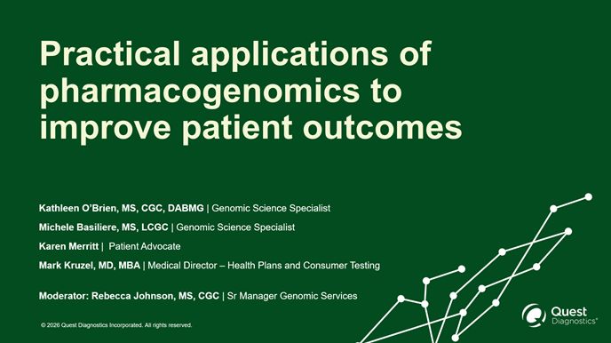 Title slide with the text "Practical applications of pharmacogenomics to improve patient outcomes" and the presenters names in light color against a dark green background