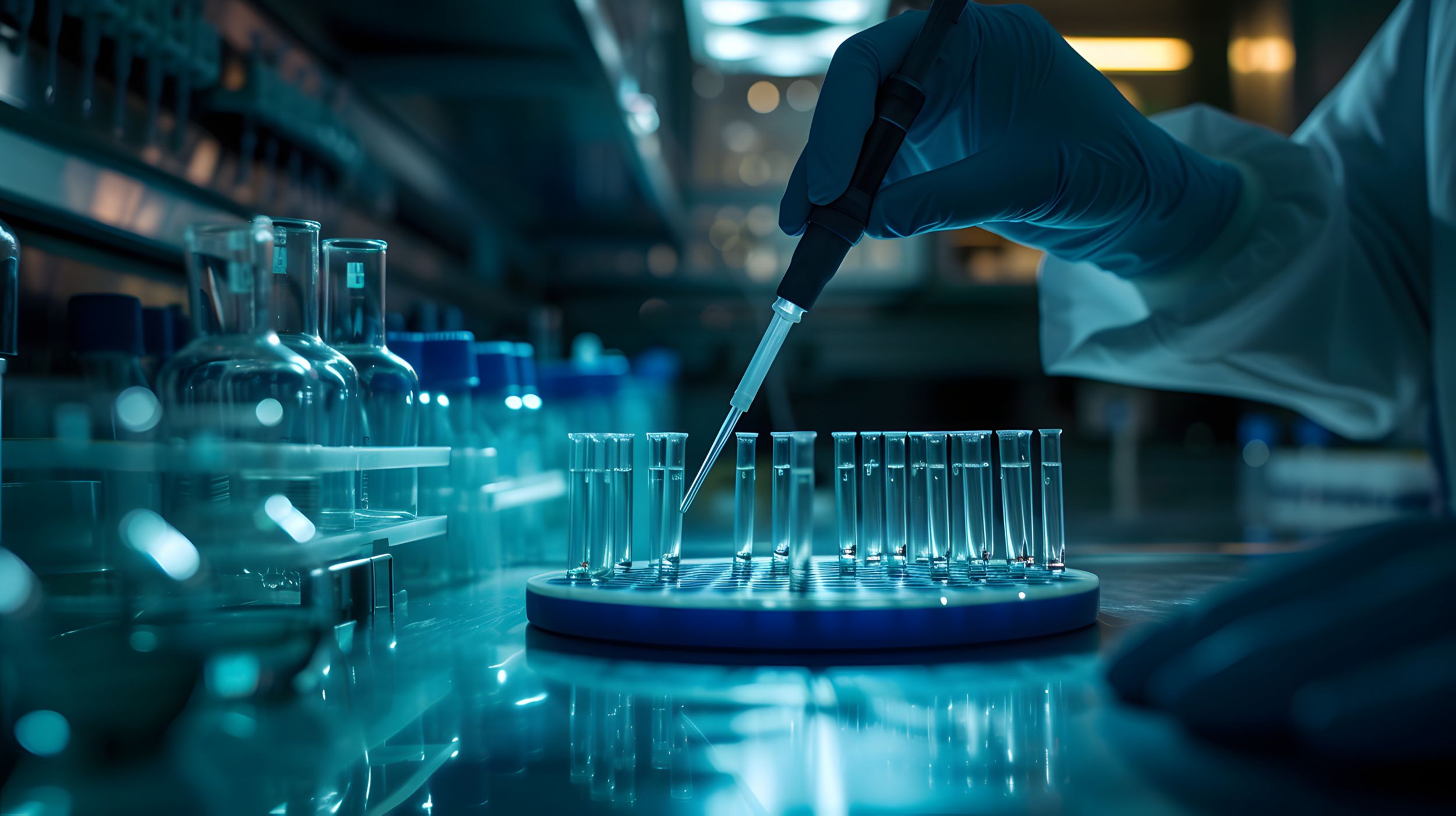 close up shot of scientist hands pipetting sample into dish for DNA testing in laboratory