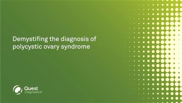 Green title slide of the presentation showing the title of the webinar: Demystifying the Diagnosis of Polycystic Ovary Syndrome
